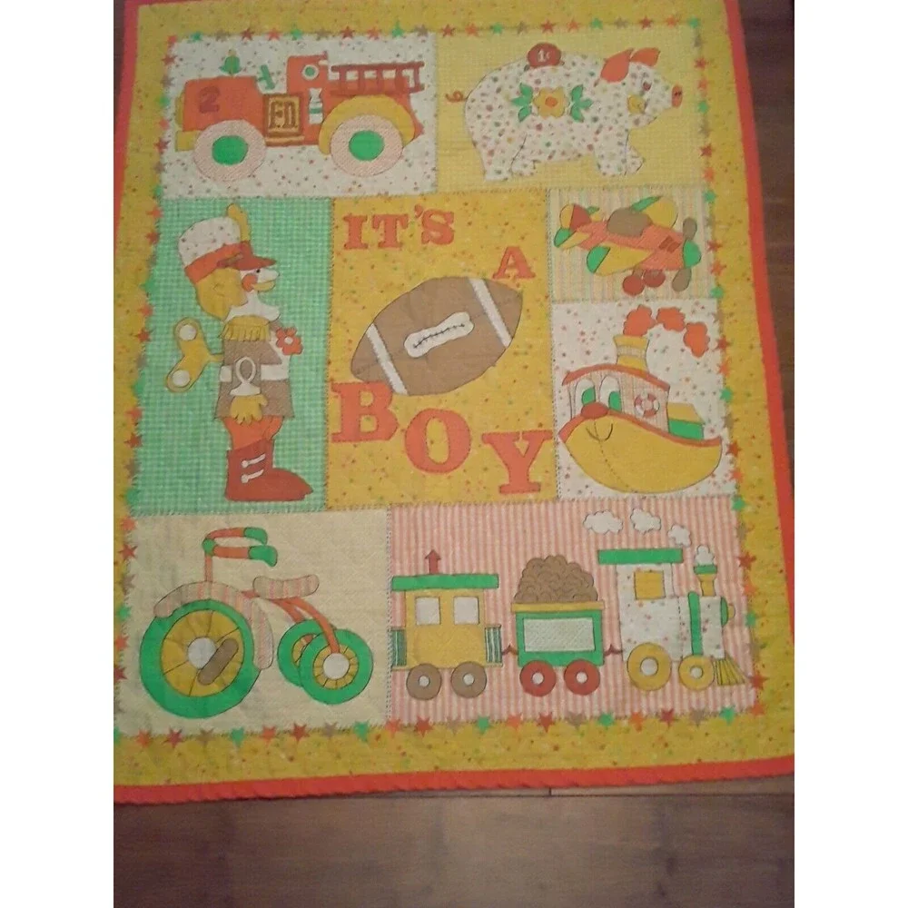 Vintage Baby Blanket Quilt Handmade Trains Planes Firetruck Football 